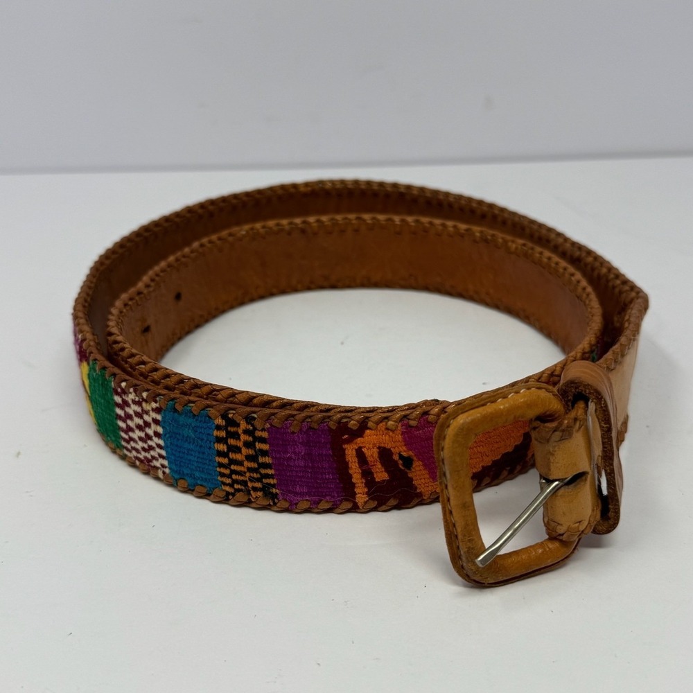 Vintage Hand Woven Leather Belt Multi Color Folk Art Figures Boho Tan Size 42